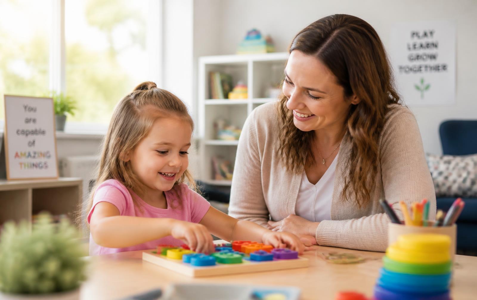 Therapist and young child working together with colorful learning toys